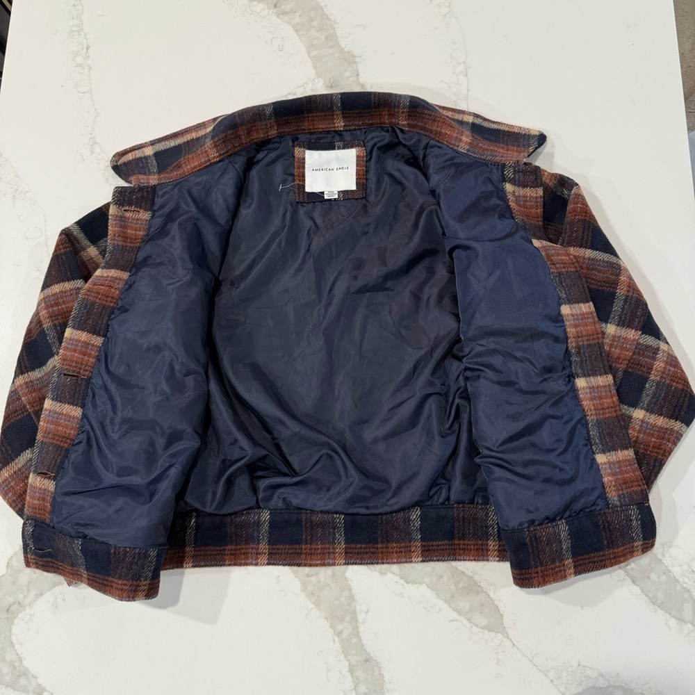 American Eagle Plaid Oversized Lined Shacket Women’s Medium Brown/Navy Jacket - Picture 6 of 9